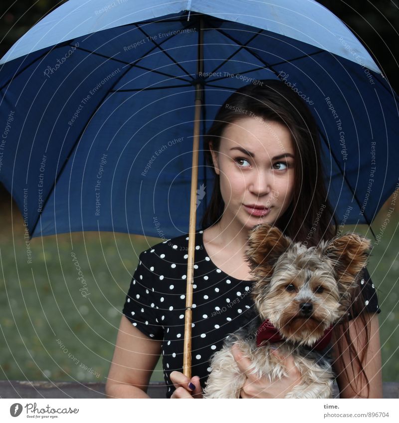 . Feminine 1 Human being 18 - 30 years Youth (Young adults) Adults Dress Umbrella Brunette Long-haired Animal Pet Dog Observe Looking Sit Joy Love of animals