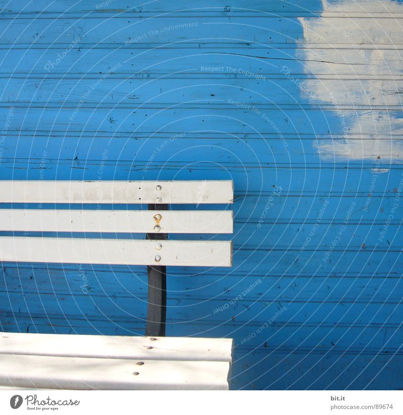 a beautiful spot on earth... Wooden wall Wooden bench White Cobalt blue Copy Space top Paintwork Redecorate Redevelop Section of image Partially visible Detail