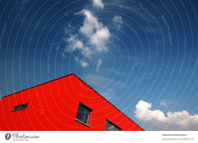 Beautiful weather Roof House (Residential Structure) Ecological Abstract Cyan Red Save energy Facade Quarter Window Clouds Background picture Sky Blue