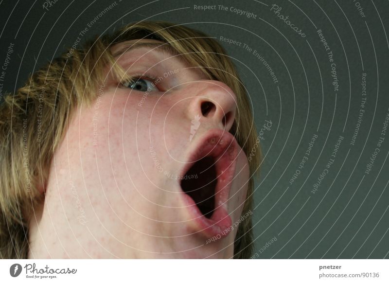 Scared! Amazed Man Blonde Long Hardcore Frightening Surprise Portrait photograph Macro (Extreme close-up) Close-up Fear Panic Mouth Open Hair and hairstyles