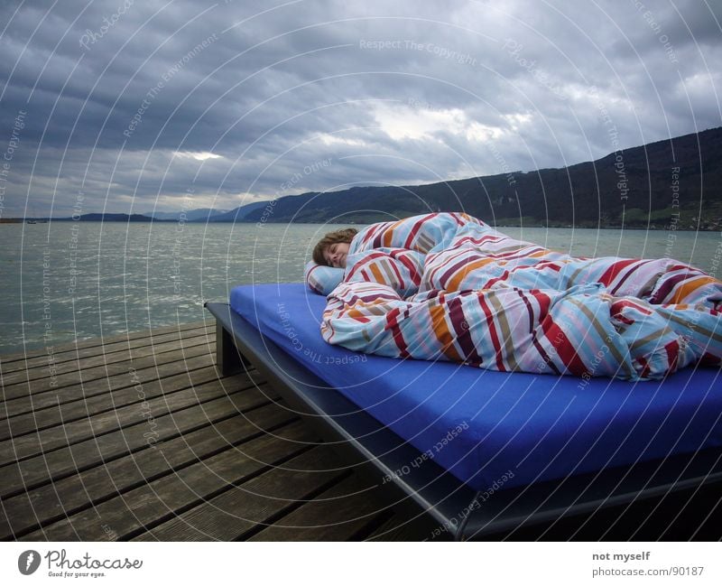 dreaming away Bed Sleep Dream Footbridge Wood Lake Clouds Water Jurassic system Mountain Lake Biel Weather Sun Exterior shot