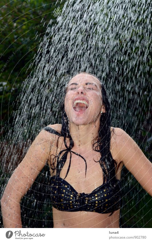 Cold shower Joy Happy Summer Garden Feminine Young woman Youth (Young adults) Woman Adults 1 Human being 18 - 30 years Water Drops of water Bikini Long-haired
