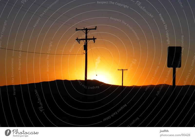 Sunset Boulevard Violet Red Yellow Multicoloured Electricity Electricity pylon Americas Night Dark Horizon Black Sky Transience Romance USA Peace