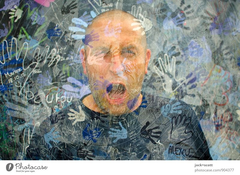 Scream if you can Face Street art The Wall Bald or shaved head Exceptional Many Anger Emotions Grouchy Aggression Stress Double exposure Nightmare Illusion