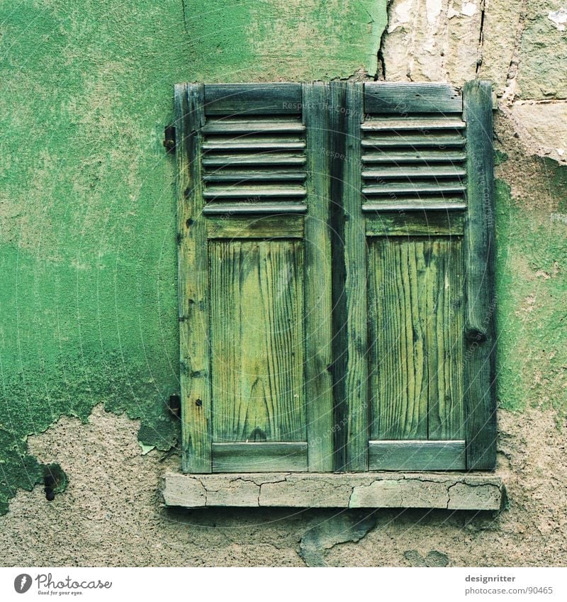 rubbed off Window Shutter Wood Green Wall (barrier) Plaster Tone-on-tone Crumbled Ruin Wood flour Detail Colour Wooden board Stone Old color finery pavers