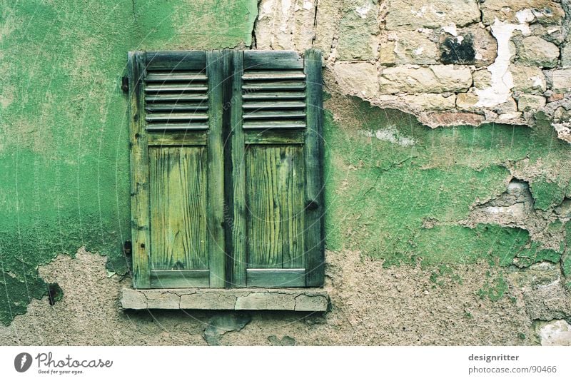 discoloured transverse Window Shutter Wood Green Wall (barrier) Plaster Tone-on-tone Crumbled Ruin Wood flour Detail Colour Wooden board Stone Old color finery