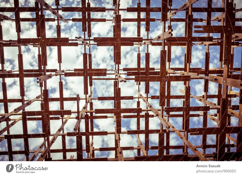 Wooden structure towards the sky Art Installations Sky Sun Summer Beautiful weather Deserted Scaffolding Tourist Attraction Esthetic Sharp-edged Blue Brown