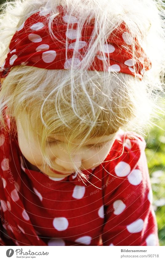 red Child Girl Red Polka Circle Blonde Meadow Relaxation Childlike Portrait photograph White dots Hair and hairstyles Sun Face Point