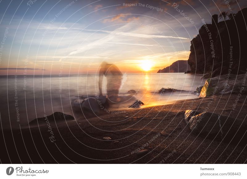 ghost paddler Beach Ocean Waves Rowboat Dinghy 1 Human being Water Sky Horizon Sunrise Sunset Coast Gold Pebble beach Italy Vernazza Cinque Terre Silhouette