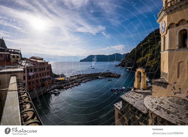 vista Clouds Sunlight Beautiful weather Coast Ocean Vernazza Italy Europe Fishing village House (Residential Structure) Church Blue Yellow Vantage point Rowboat