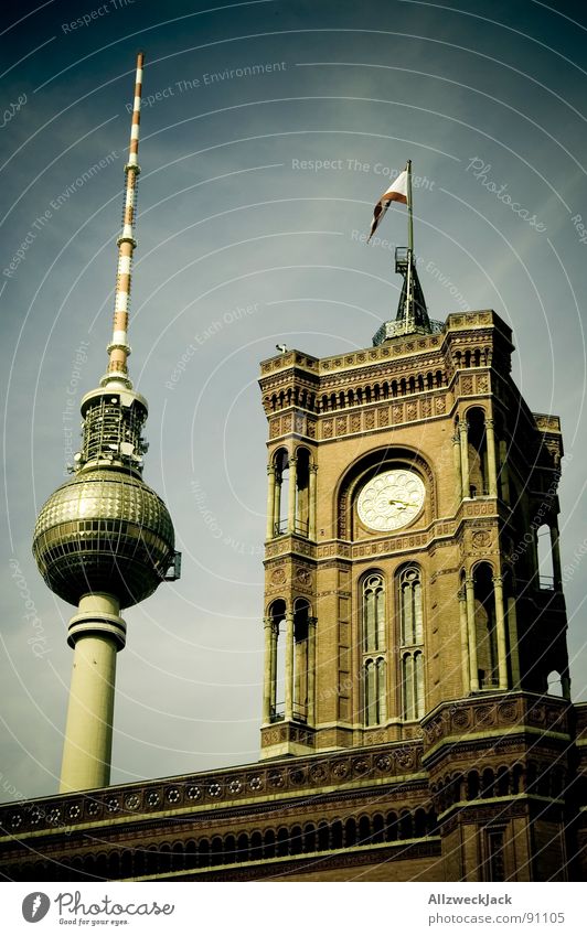 Postcard from Berlin Alexanderplatz City hall Seat of government Mayor Landmark Broacaster Antenna Flag Tower clock Monument Historic Capital city
