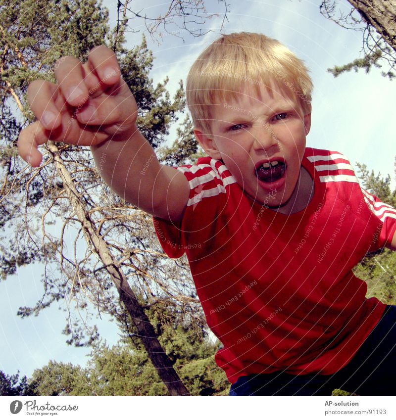 GRROOOAAAH! Boy (child) Child Blonde Grimace Facial expression Emotions Gesture Claw Tooth space Hand Fingers Fist Scare Anger Evil T-shirt Red Forest