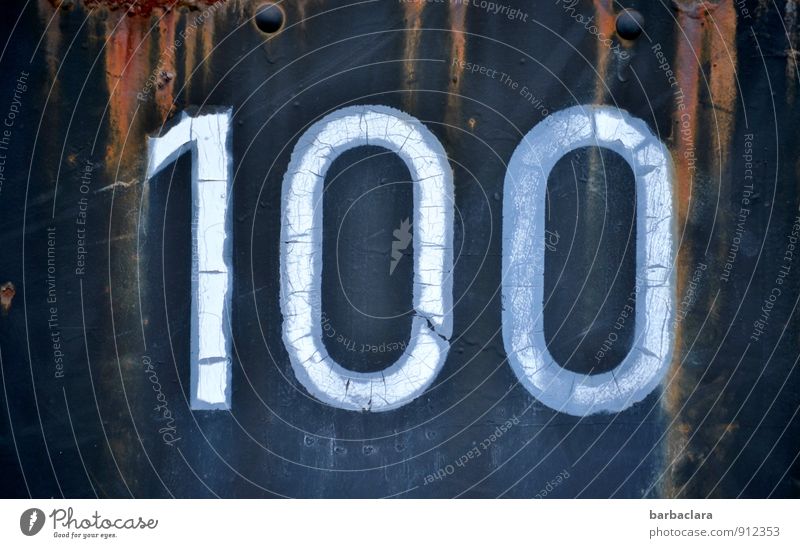 The iron 100. Carriage Railroad Steamlocomotive Metal Rust Sign Digits and numbers Old Historic Blue White Senior citizen Transience Change Value Time