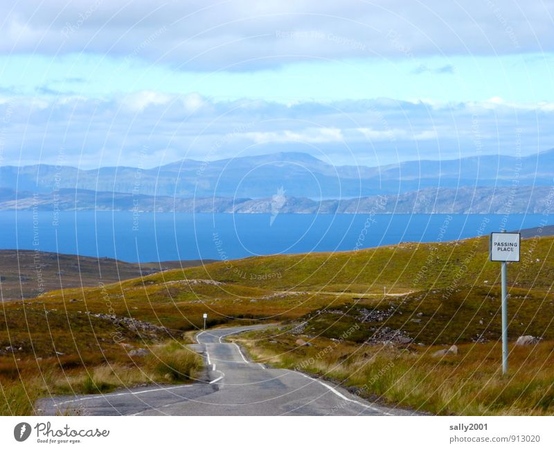 passing point Nature Landscape Hill Mountain Fjord Ocean Scotland Great Britain Traffic infrastructure Street Road sign Relaxation Driving Fantastic