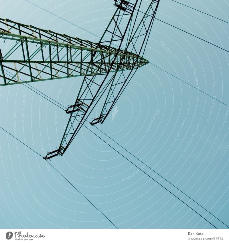 High voltage Electricity Noble Thin Graceful Open Wire Electricity pylon Exciting Manmade structures Transmission lines Worm's-eye view Under Central Middle