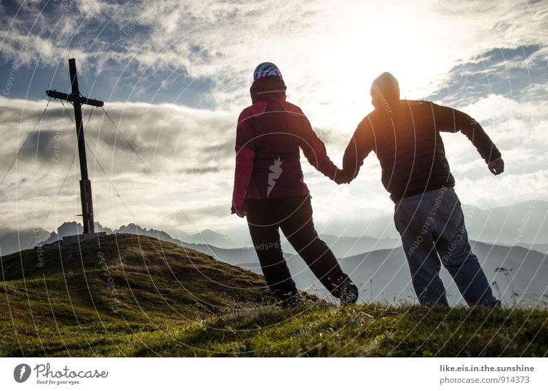 Together you're less alone Masculine Feminine 2 Human being Hiking Peak Peak cross Couple Hold hands Love Nature Alps Happy Colour photo