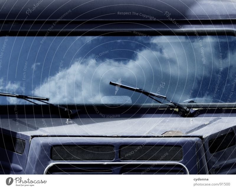 sky cruiser Reflection Clouds Vehicle Windscreen Car Hood Truck Windscreen wiper Vintage car Retro Sky Discover Discern Dream Heavenly Emotions Blue Window pane