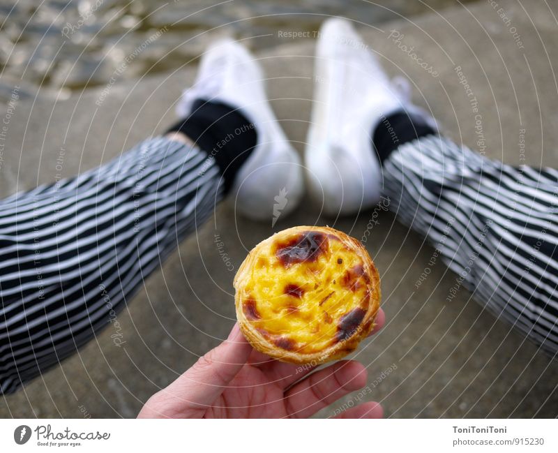 pastel de nata Contentment Senses Trip Cycling tour Summer Eating Feminine Life Legs Feet 1 Human being Pants Cloth Footwear Sneakers Concrete Relaxation