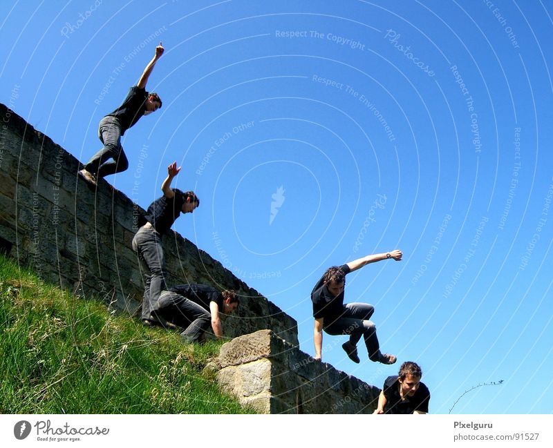 Parcour on a meadow Parkour Jump Wall (barrier) Meadow Sports Playing run Joy nothing to do Jump 'n' Run Blue Sky from the wall to the meadow Lawn