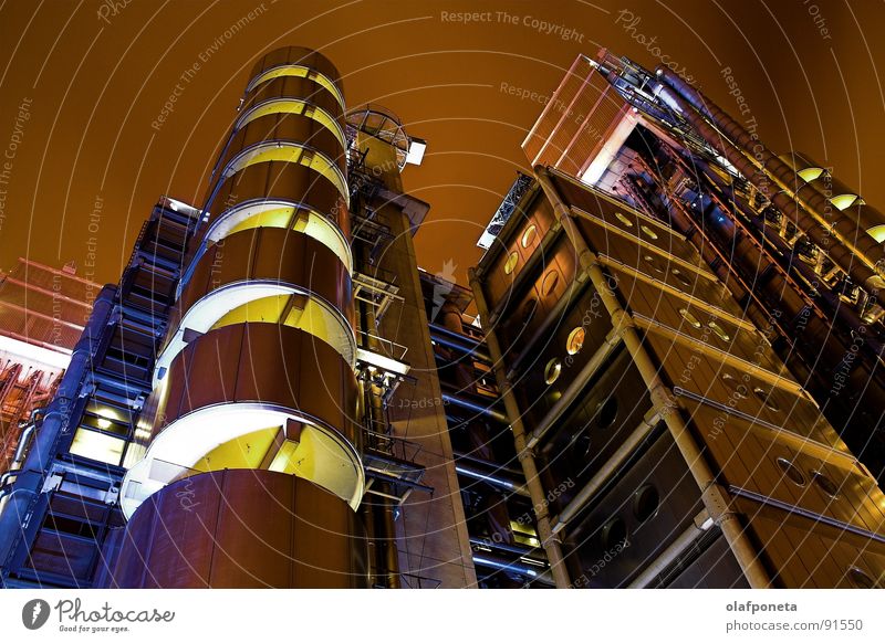 Lloyds Building from the Frog's Perspective Chrome Elevator Solar Power Steel Town Large London Uniqueness High-rise Balcony Night Light Futurism Abstract