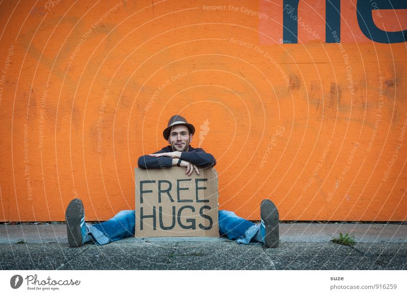 free hugs Lifestyle Style Joy Happy Leisure and hobbies Valentine's Day Human being Masculine Young man Youth (Young adults) Man Adults Friendship Hat
