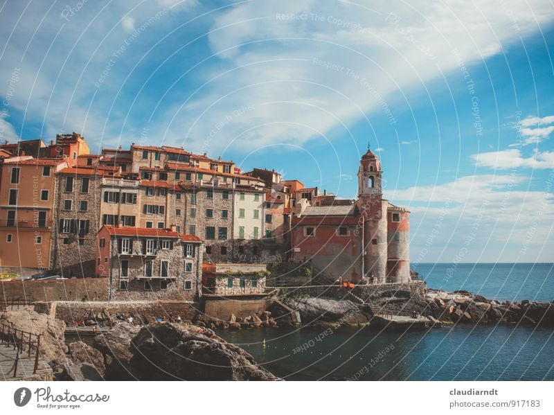 Tellaro Landscape Water Sky Clouds Summer Beautiful weather Rock Coast Bay Ocean Mediterranean sea Italy Europe Village Old town House (Residential Structure)