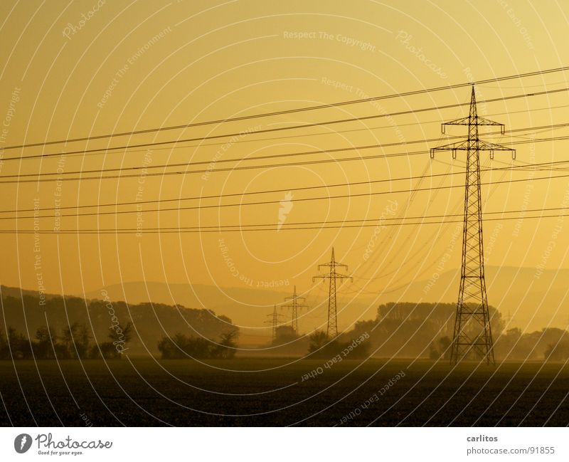 Another power pole :( Morning fog Fog Field Electricity Electricity pylon Haze Clouds Colorless Light Grass Shroud of fog Hope Dynamism Vail Sunrise Green