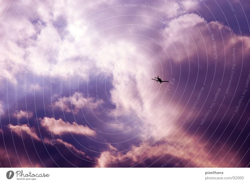 flying through the air Aviation Sky Clouds Airplane Two-seater Blue Violet White Evening Twilight Light Back-light Cloud formation Mountain cloud Small