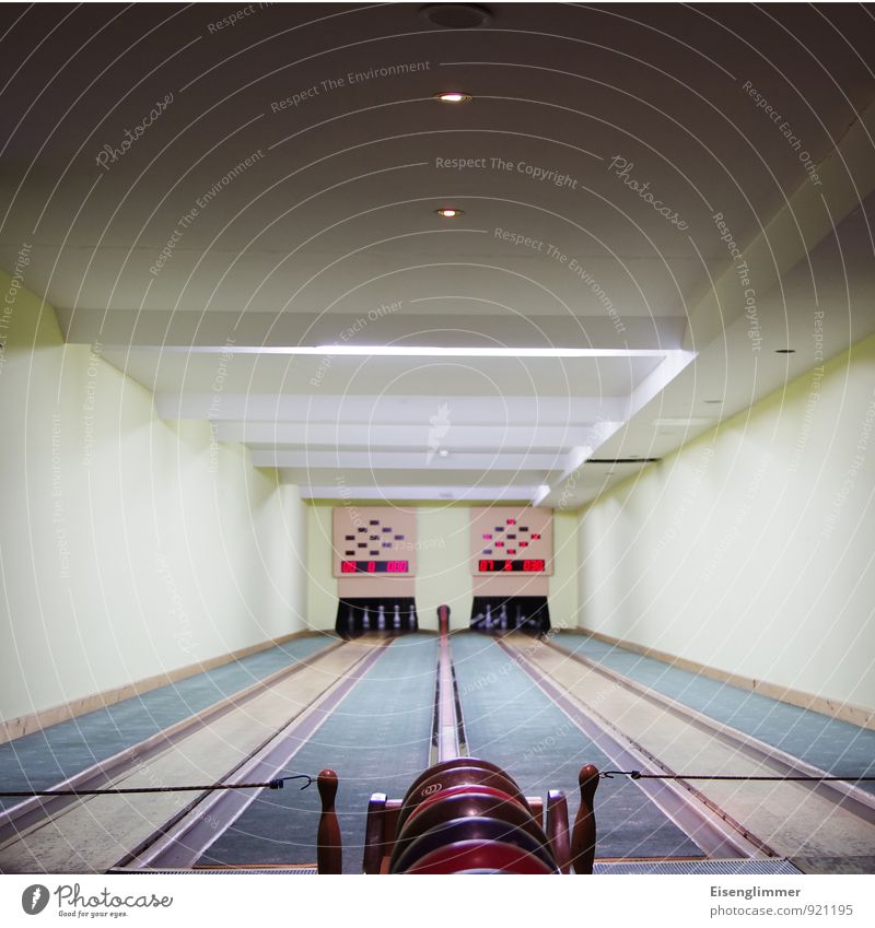 Bowling for.... Bowling alley Bowling ball Skittle Throw Athletic Numbers Success counter indoor sports Colour photo Interior shot Deserted Copy Space top
