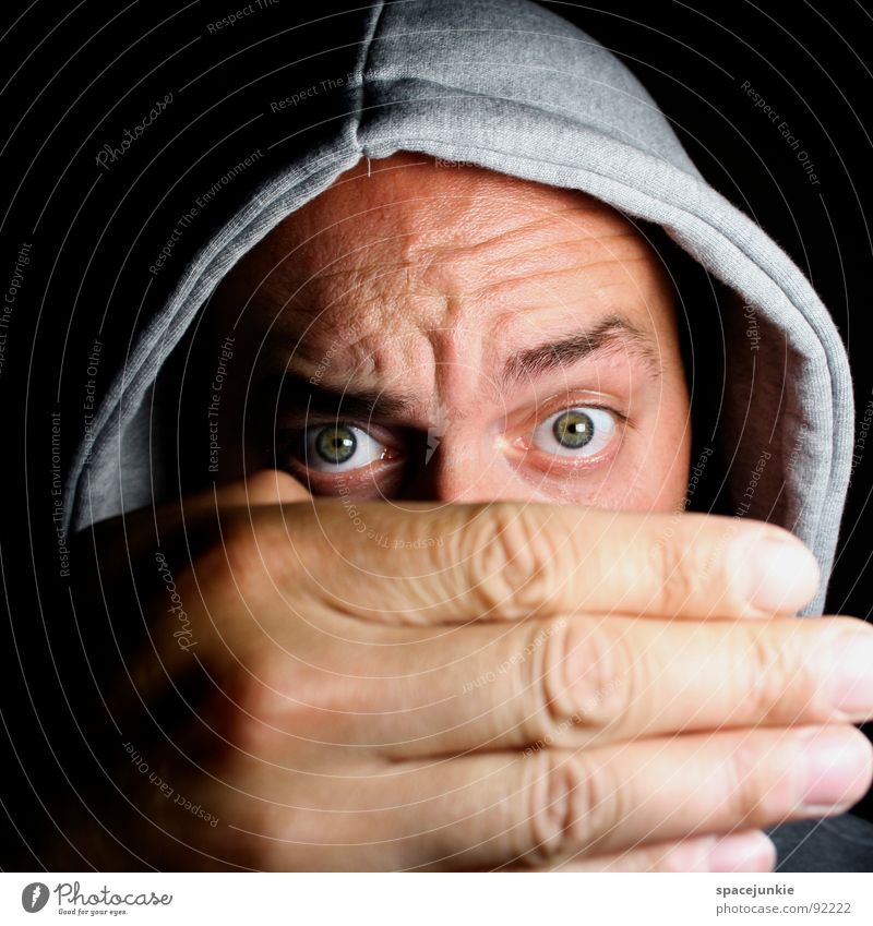 Big hand Portrait photograph Man Freak Hand Large Whimsical Crazy Humor Sweater Earnest Hiding place Joy Looking Funny Eyes Hooded (clothing) Hide Bizarre