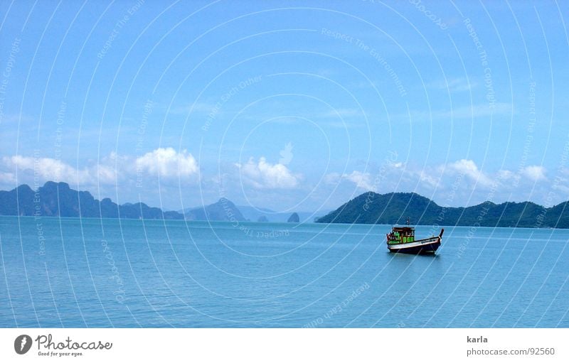 Day at the sea Watercraft Ocean Clouds Calm Fishery Fisherman Thailand Sky Asia Mountain Blue