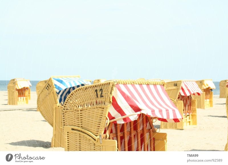 Sand under your feet! Beach Beach chair Striped Vacation & Travel Ocean To enjoy Beautiful weather Clear sky Coast Blue Sky Sun Baltic Sea North Sea fun