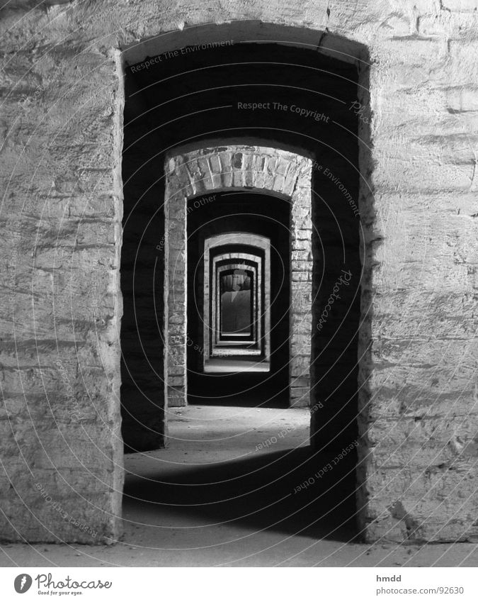 down this aisle, please! Passage Tunnel Right ahead Entrance Behind one another Hallway Fear Panic Black & white photo Contrast door to door Row