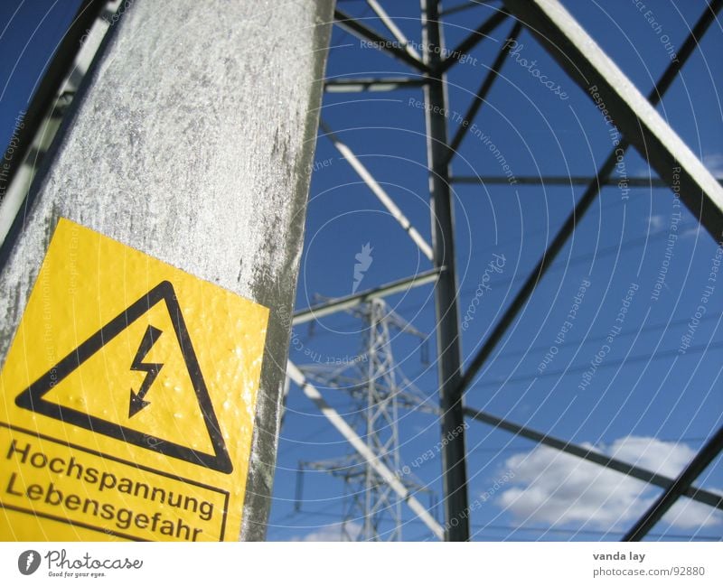 life-threatening danger Electricity Danger of Life Electricity pylon Power Yellow Steel Warning sign Power transmission Energy industry Overland route Dangerous