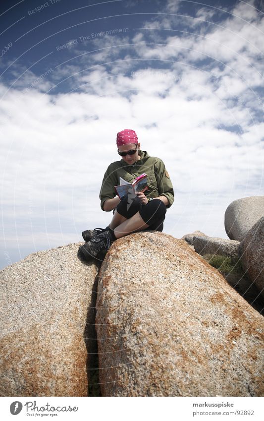 summiteers Peak Reading Hiking Mountaineering Clouds Woman Headscarf Hiking boots Top Rock Sky climbing