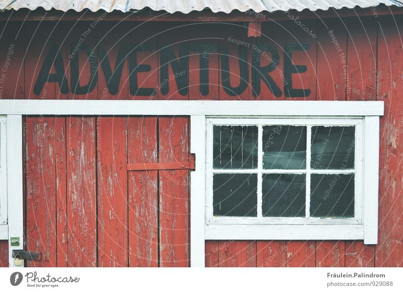 Adventure writing on a red and white wooden house in Sweden Fishing village Small Town House (Residential Structure) Hut Wall (barrier) Wall (building) Facade