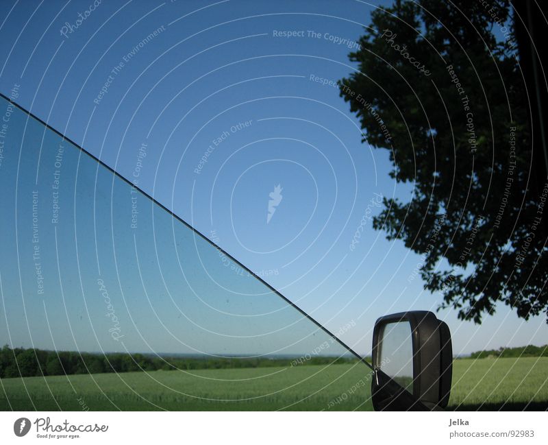 the total view Sky Cloudless sky Tree Meadow Field Motoring Car Blue Green Carriage Rear view mirror Blue sky Clear sky Car Window Open Section of image