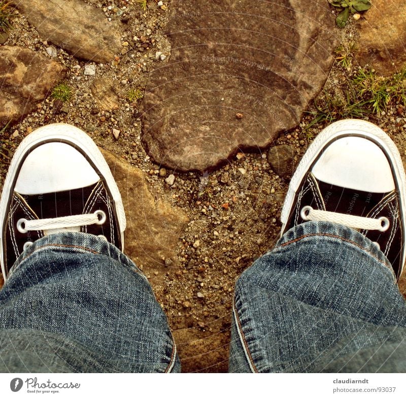 on foot Footwear Going Chucks Iconic Stand Hiking Shoelace 2 Mainstay Perspective Downward Bird's-eye view Symmetry Simple Clothing Feet Jeans