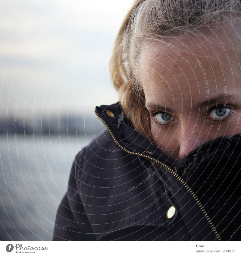 . Feminine Young woman Youth (Young adults) Eyes Looking 1 Human being Sky Horizon Skyline Harbour Jacket Blonde Observe Wait Beautiful Surprise Homesickness