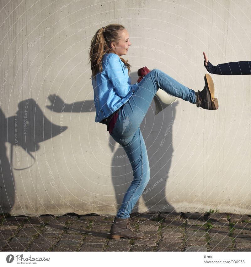 . Feminine 1 Human being Wall (barrier) Wall (building) Jeans Jacket Blonde Long-haired Braids Fight Honor Bravery Self-confident Power Willpower Lanes & trails