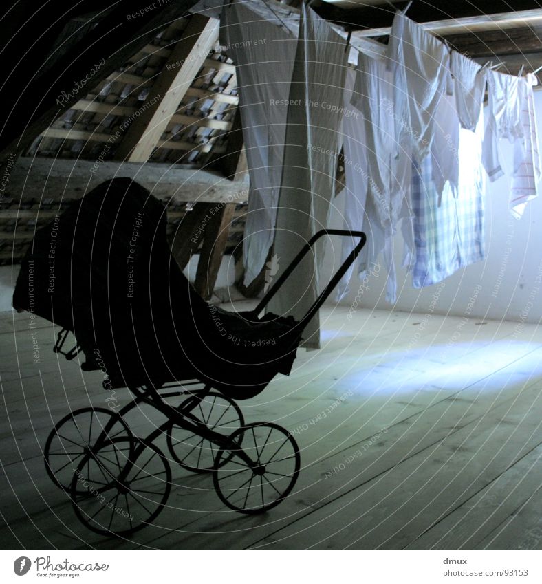 stow away Baby carriage Concrete floor Dark Laundry Attic Black Light Transience Old Joist dusty