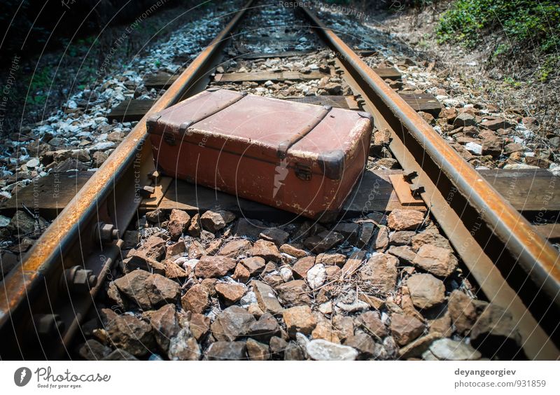 Vintage suitcase on railway road Vacation & Travel Tourism Trip Adventure Far-off places Landscape Transport Street Railroad Leather Suitcase Old To fall Wait