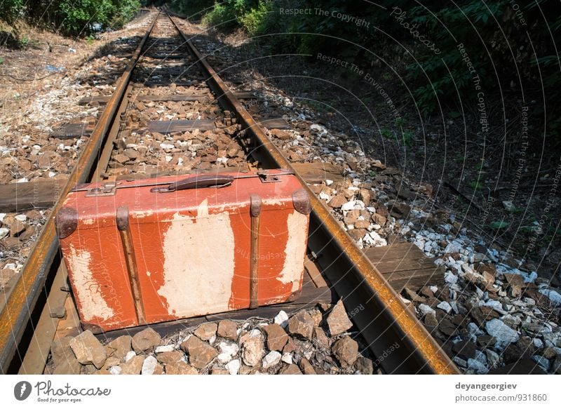 Vintage suitcase on railway road and tunnel Vacation & Travel Tourism Trip Adventure Far-off places Landscape Transport Street Railroad Leather Suitcase Old