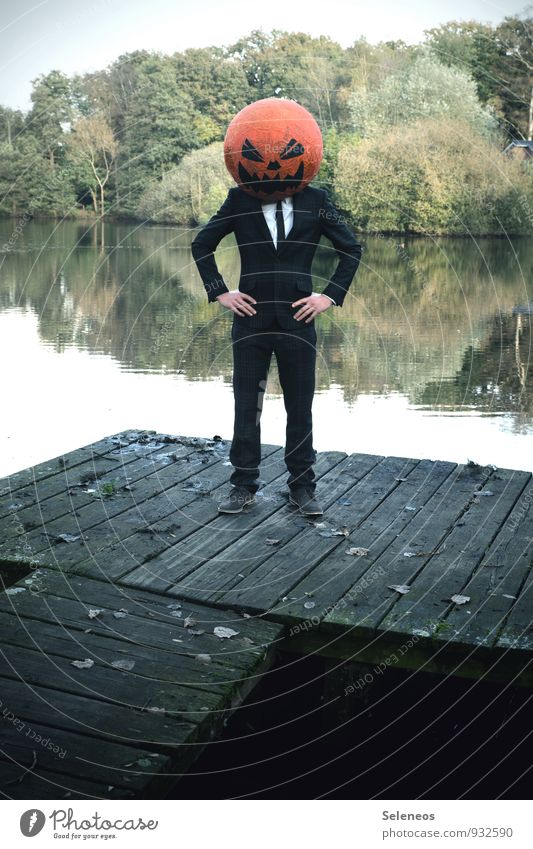 SOON Carnival Hallowe'en Human being Masculine Man Adults 1 Autumn Park Pond Lake Suit Creepy Fear Pumpkin pumpkin head Mask Footbridge Colour photo