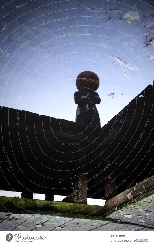 pumpkin head Carnival Hallowe'en Human being 1 Coast Bog Marsh Pond Lake Mask Creepy Footbridge Old Pumpkin Ghosts & Spectres  Monster Colour photo