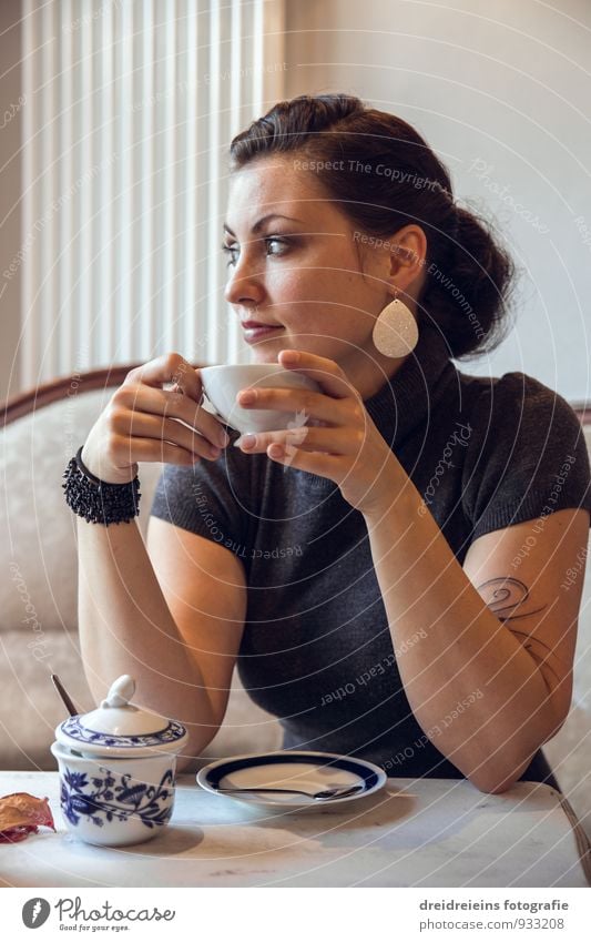 coffee break To have a coffee Hot drink Coffee Tea Cup Feminine Young woman Youth (Young adults) Think Relaxation Looking Sit Drinking Beautiful Natural