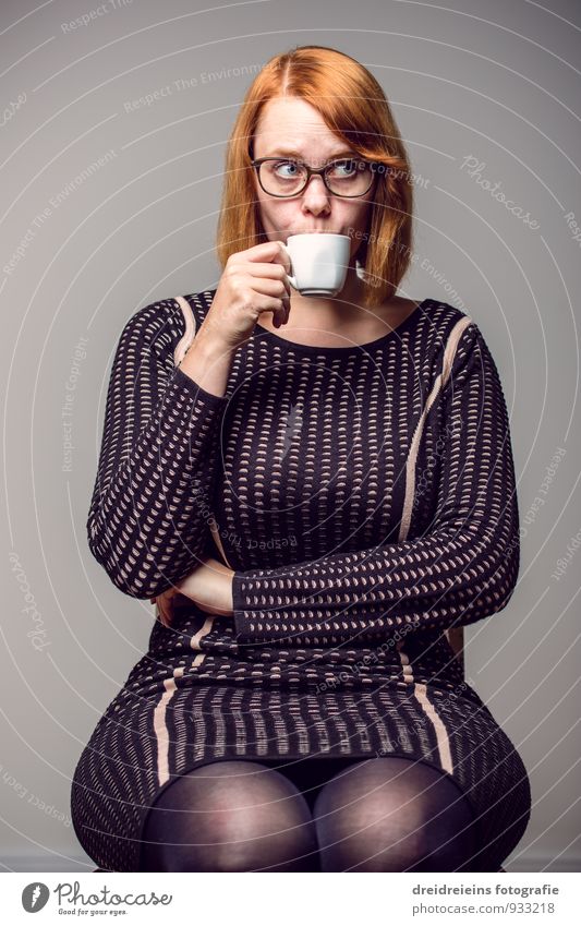 A cup of coffee in honor, I guess no one can deny me Feminine Woman Adults Dress Eyeglasses Red-haired Sit Drinking Elegant Uniqueness Reliability