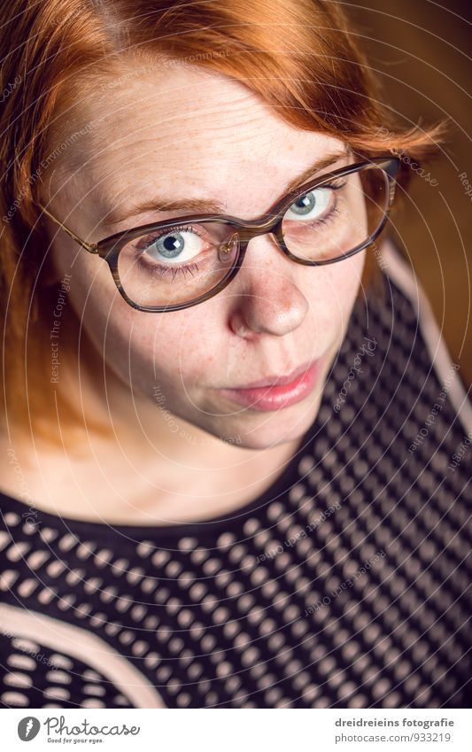 She looks up. Feminine Young woman Youth (Young adults) Woman Adults Red-haired Long-haired Part Looking Wait Uniqueness Natural Nerdy Eyeglasses