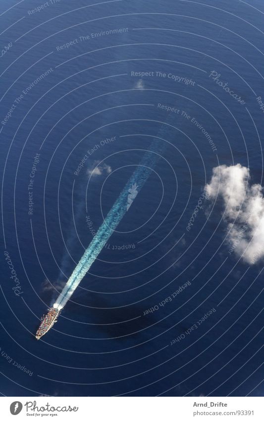 container ship Watercraft Clouds Aerial photograph Ocean Vantage point Bird's-eye view Waves Navigation Container Aviation Flying Blue