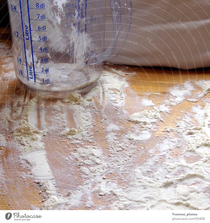 Bake bake cake... Kitchen Dough Flour Mug Table Tabletop Wood Production Tradition Surprise Swinishness Manual cooking appliances Self-made Measuring instrument
